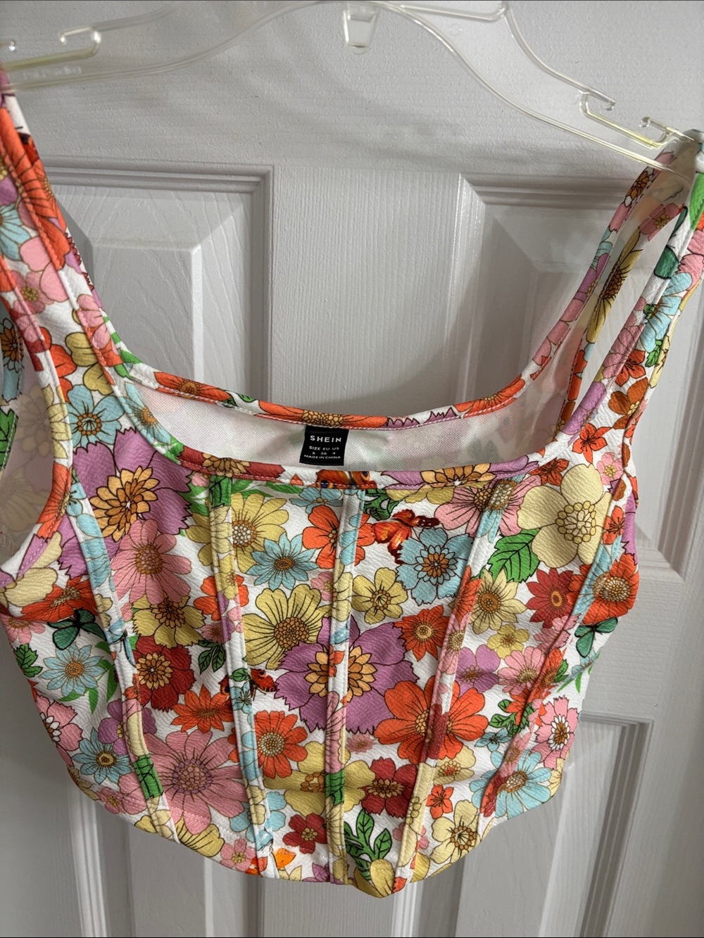 SHEIN White Floral Corset Crop Top with Multicolor Flowers